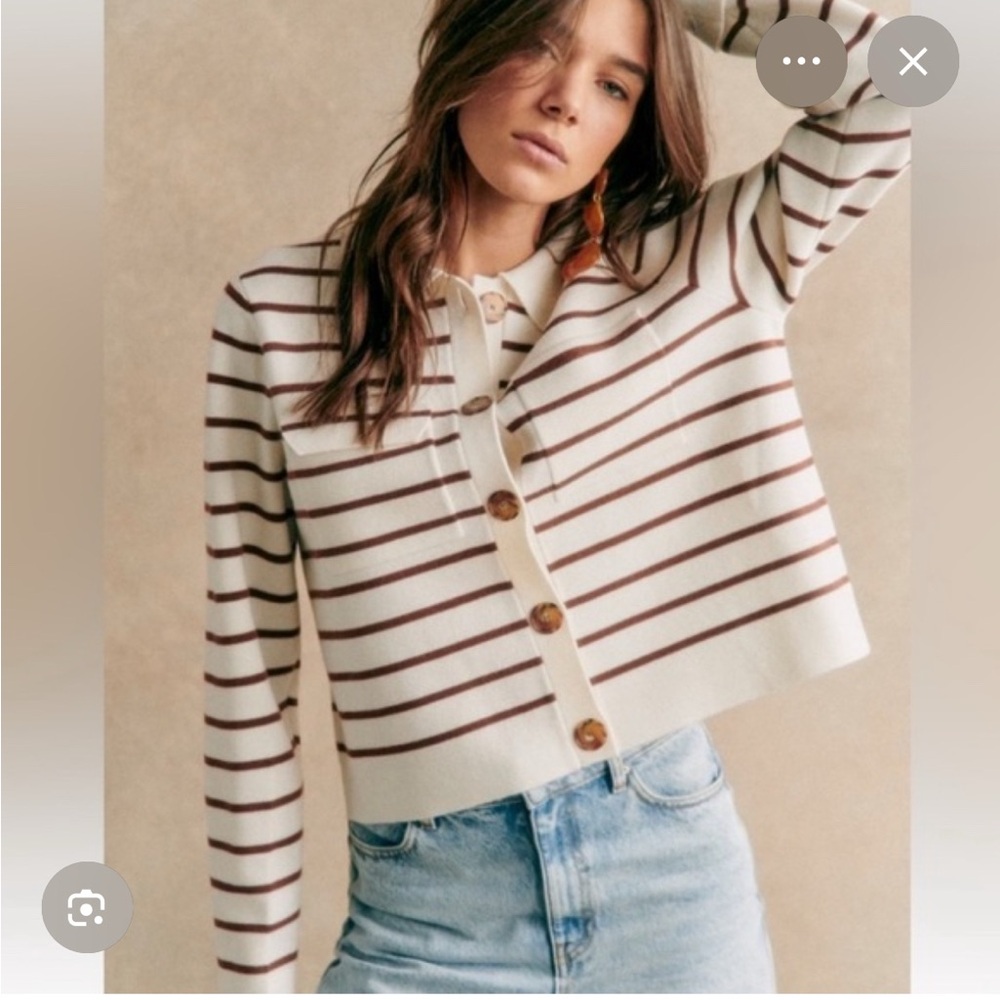 Sezane Cream Cardigan with Brown Stripes